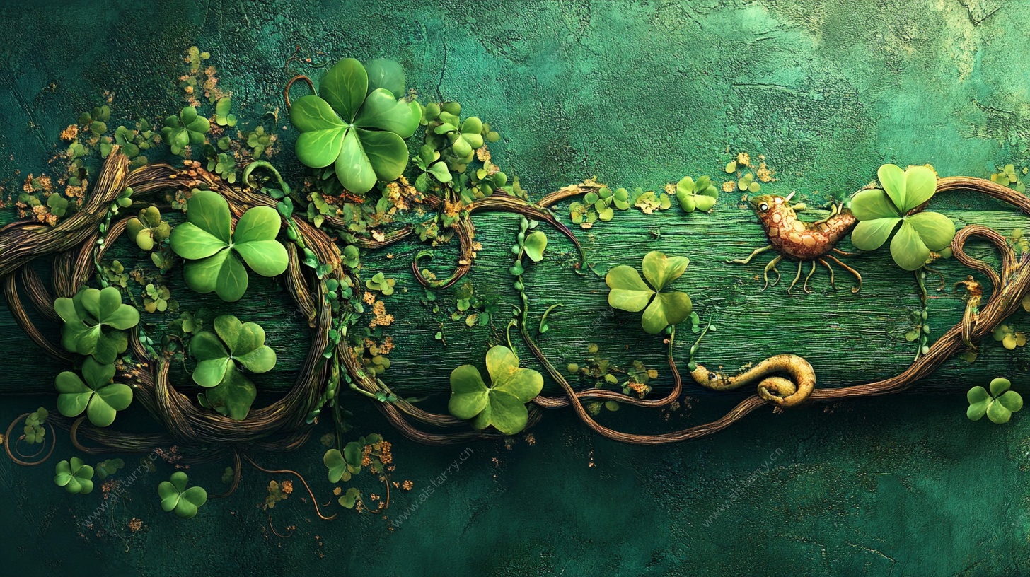 翠绿藤蔓上的三叶草与甲虫