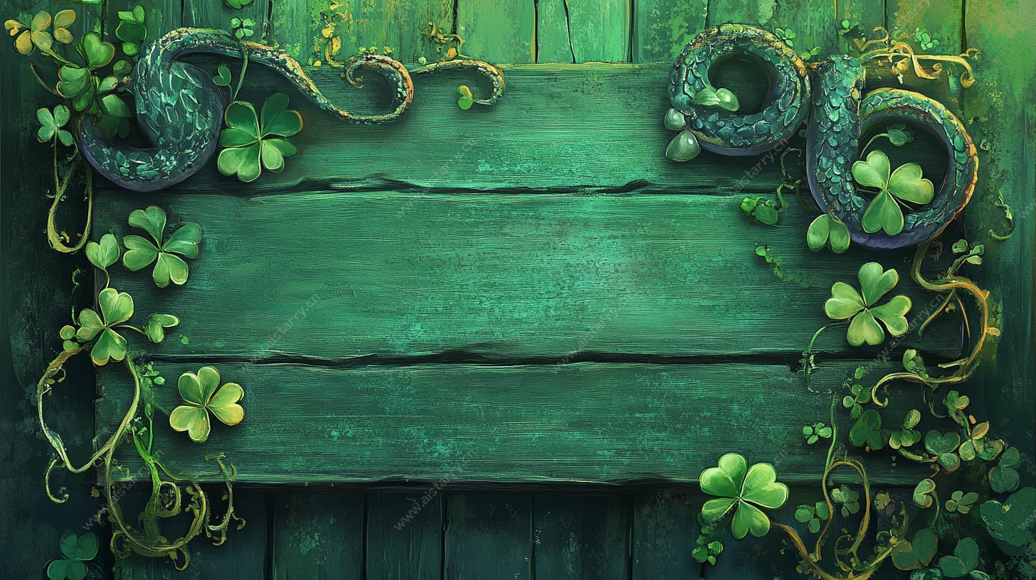 绿木板上的蛇与三叶草装饰