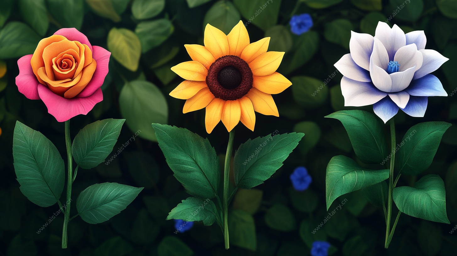 三朵绚丽花卉插画