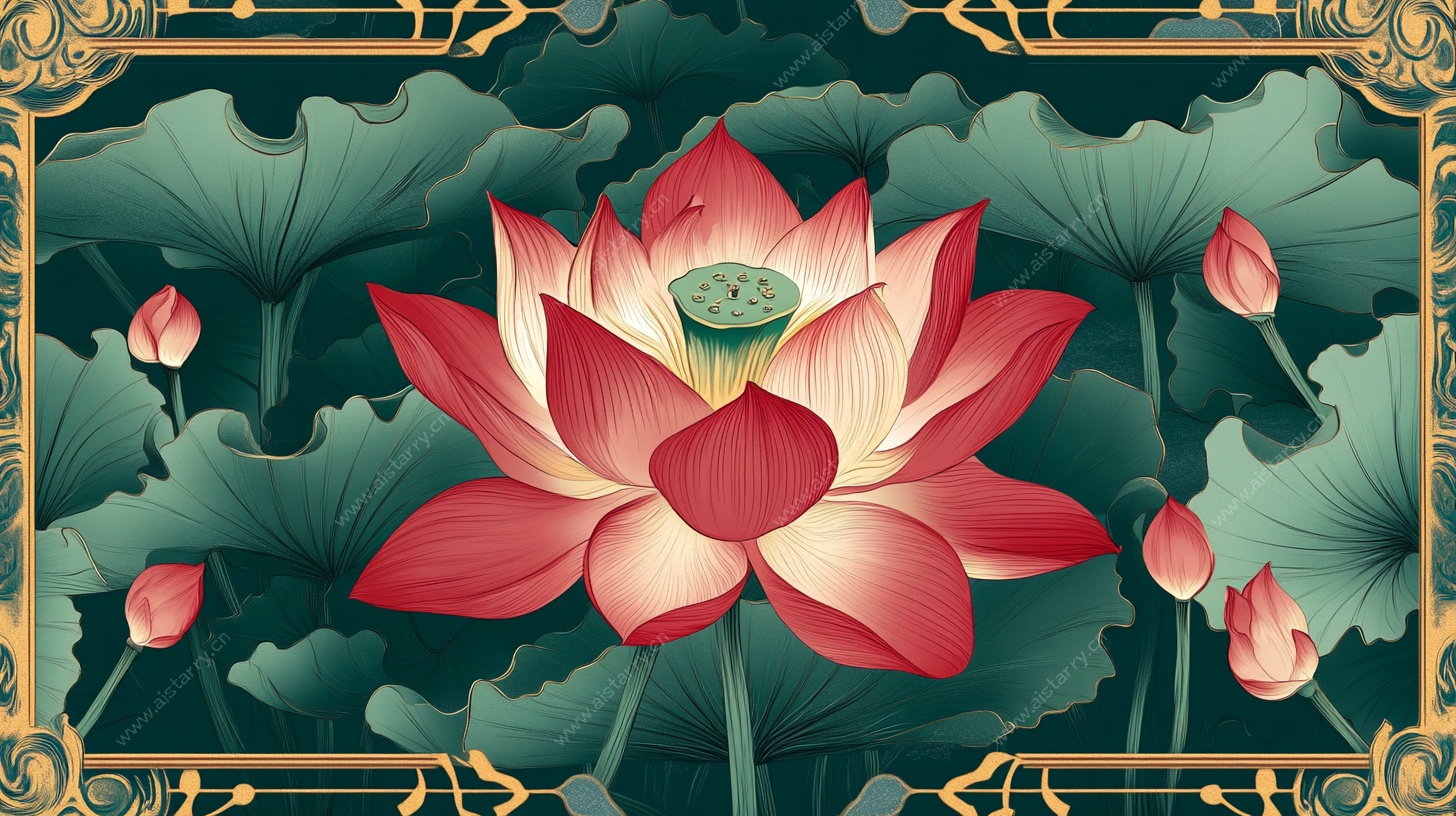 中式荷花边框装饰插画