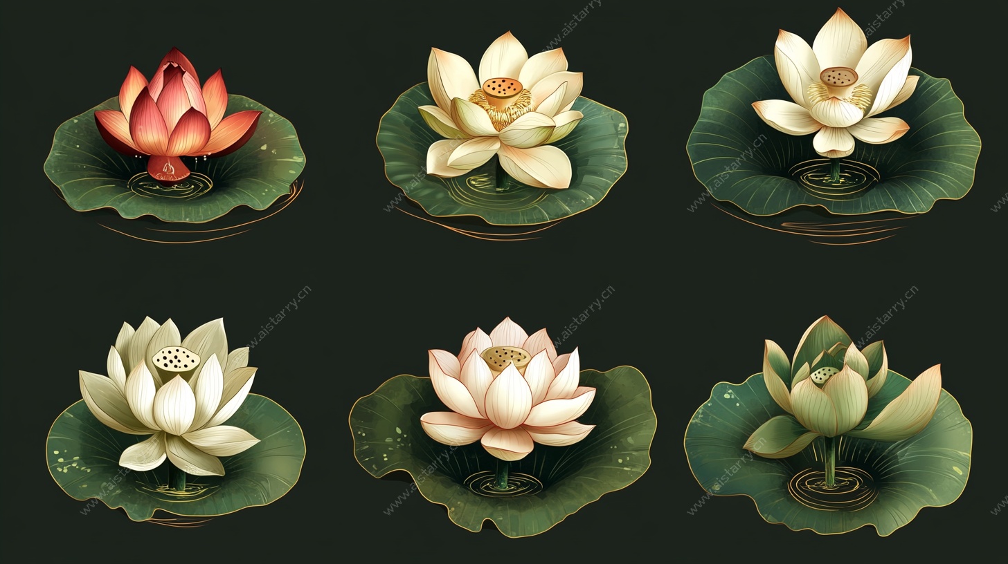 六款水墨风莲花插画展示