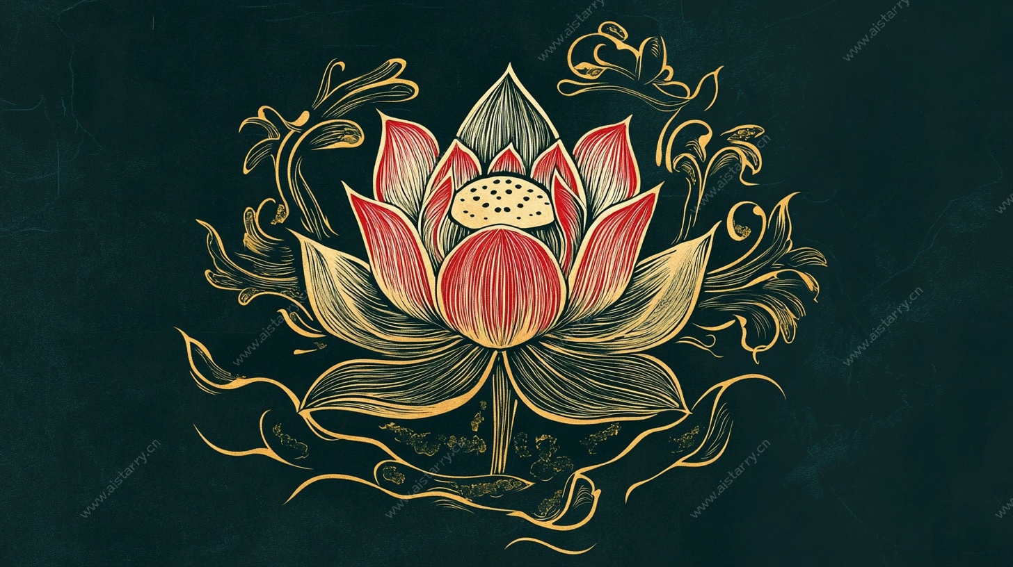 手绘中式莲花纹饰图案