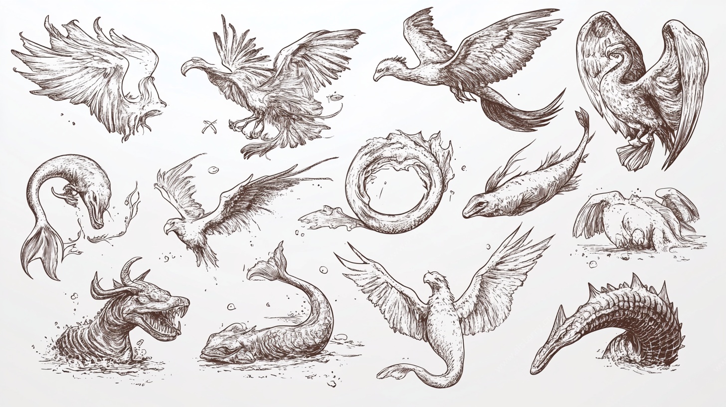 手绘奇幻飞禽走兽集合