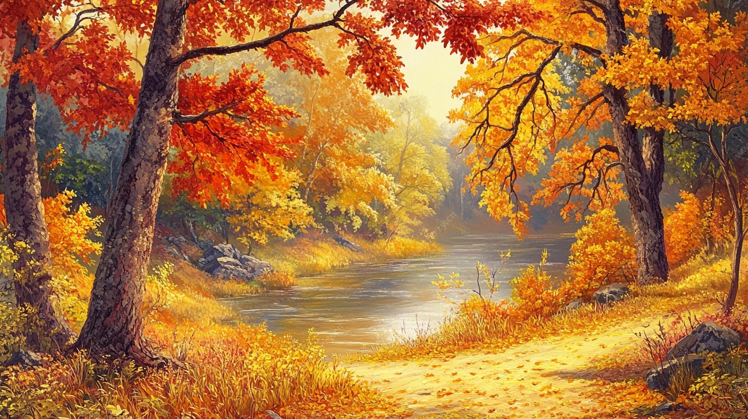 秋日河畔枫林美景