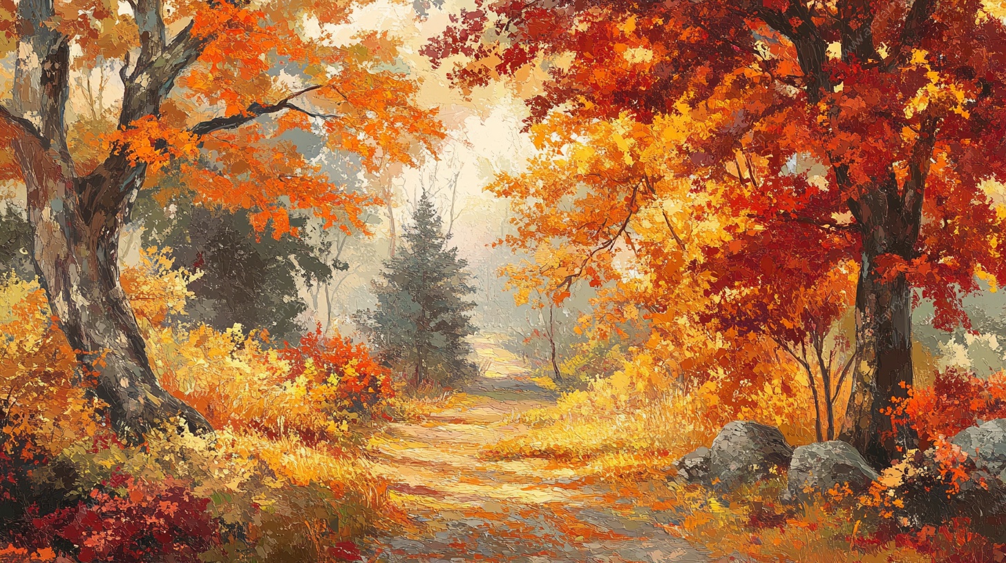秋日林间小径油画风景