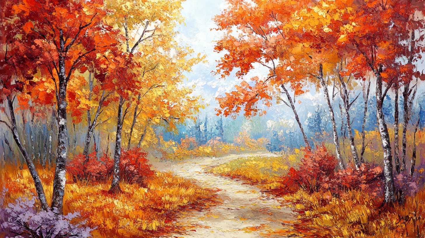 秋日林间小道油画风景