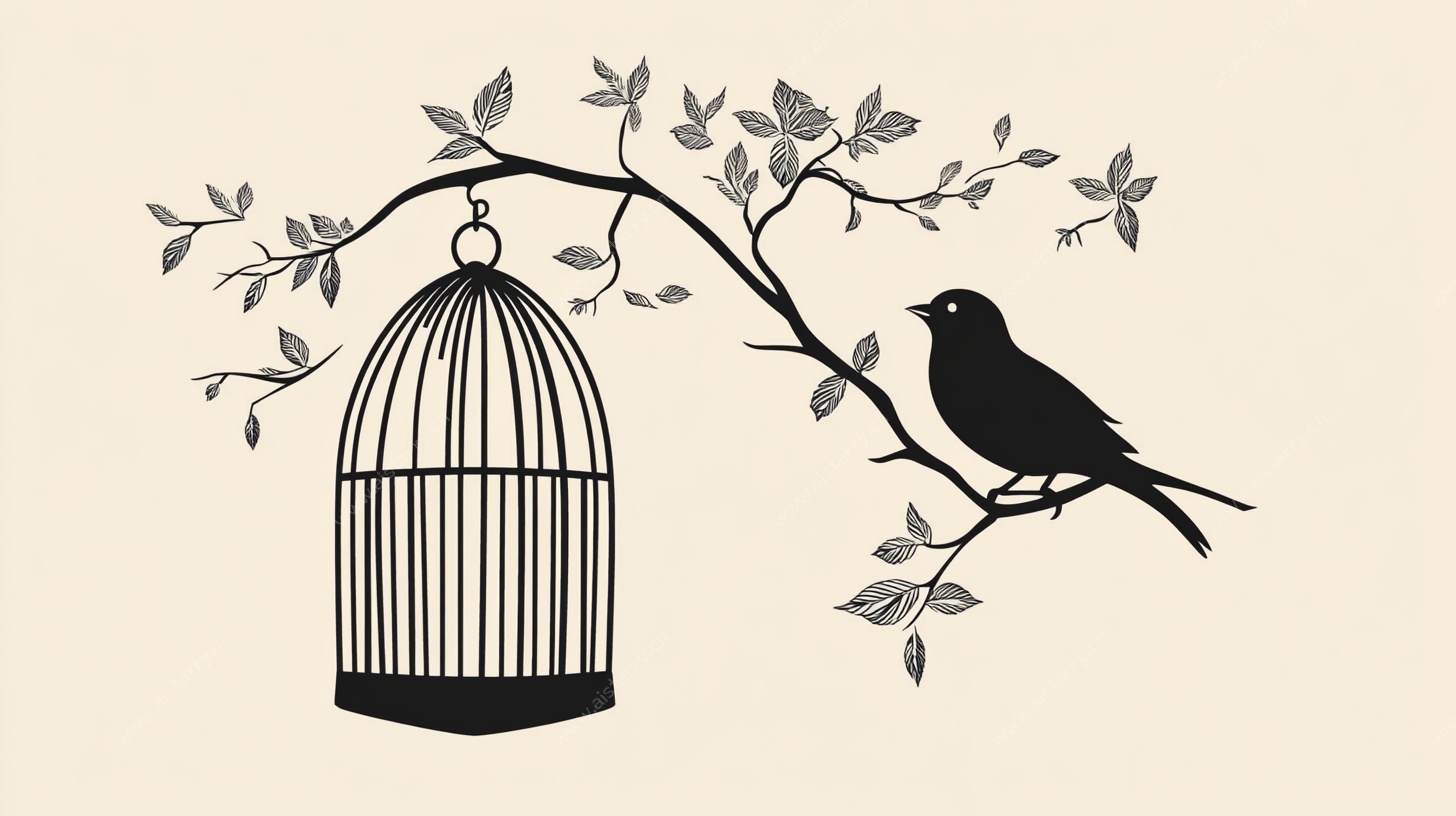 鸟栖枝头与空鸟笼剪影