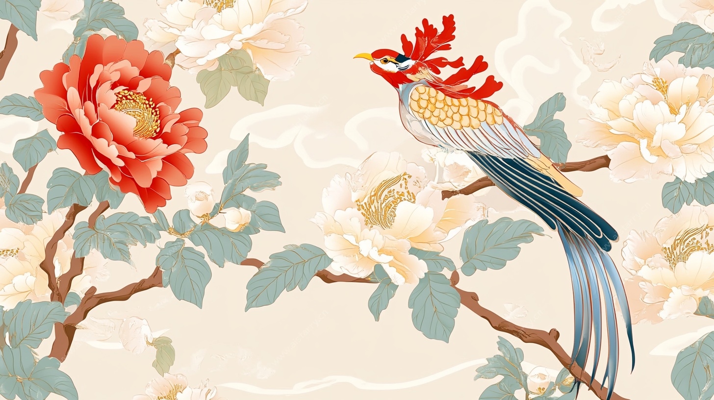 凤栖牡丹中式插画