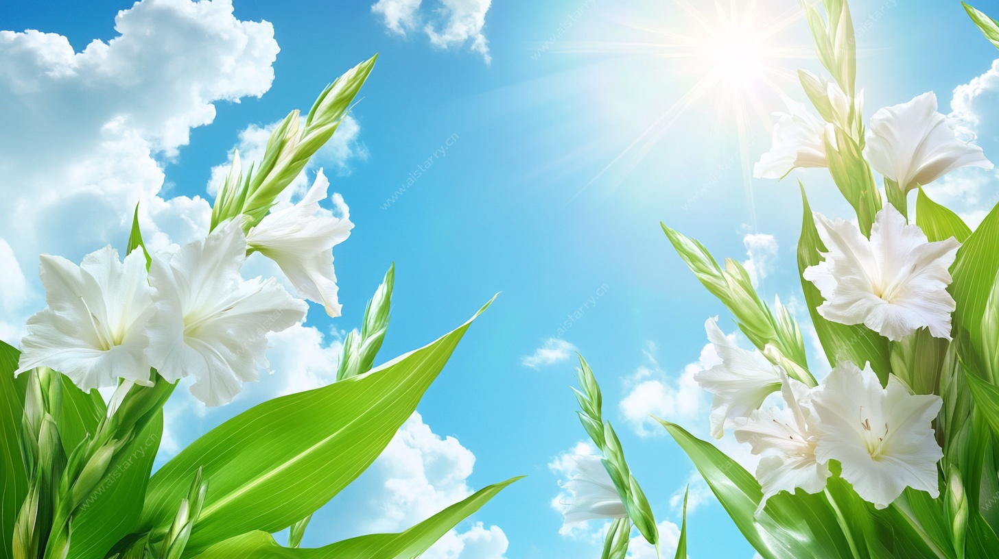 蓝天下的纯白绽放花朵