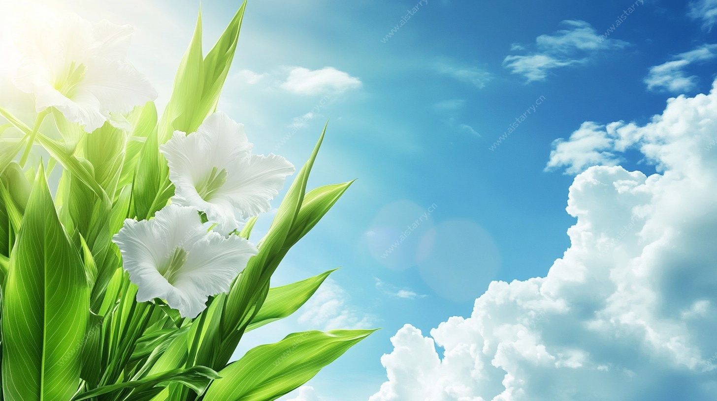 蓝天绿叶间的白色花朵