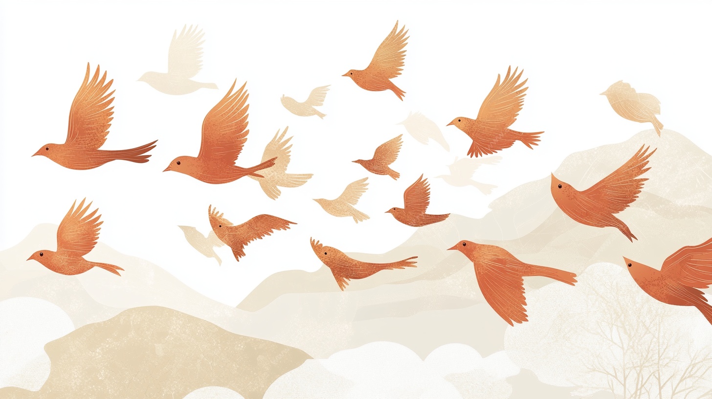 群鸟翱翔山间图