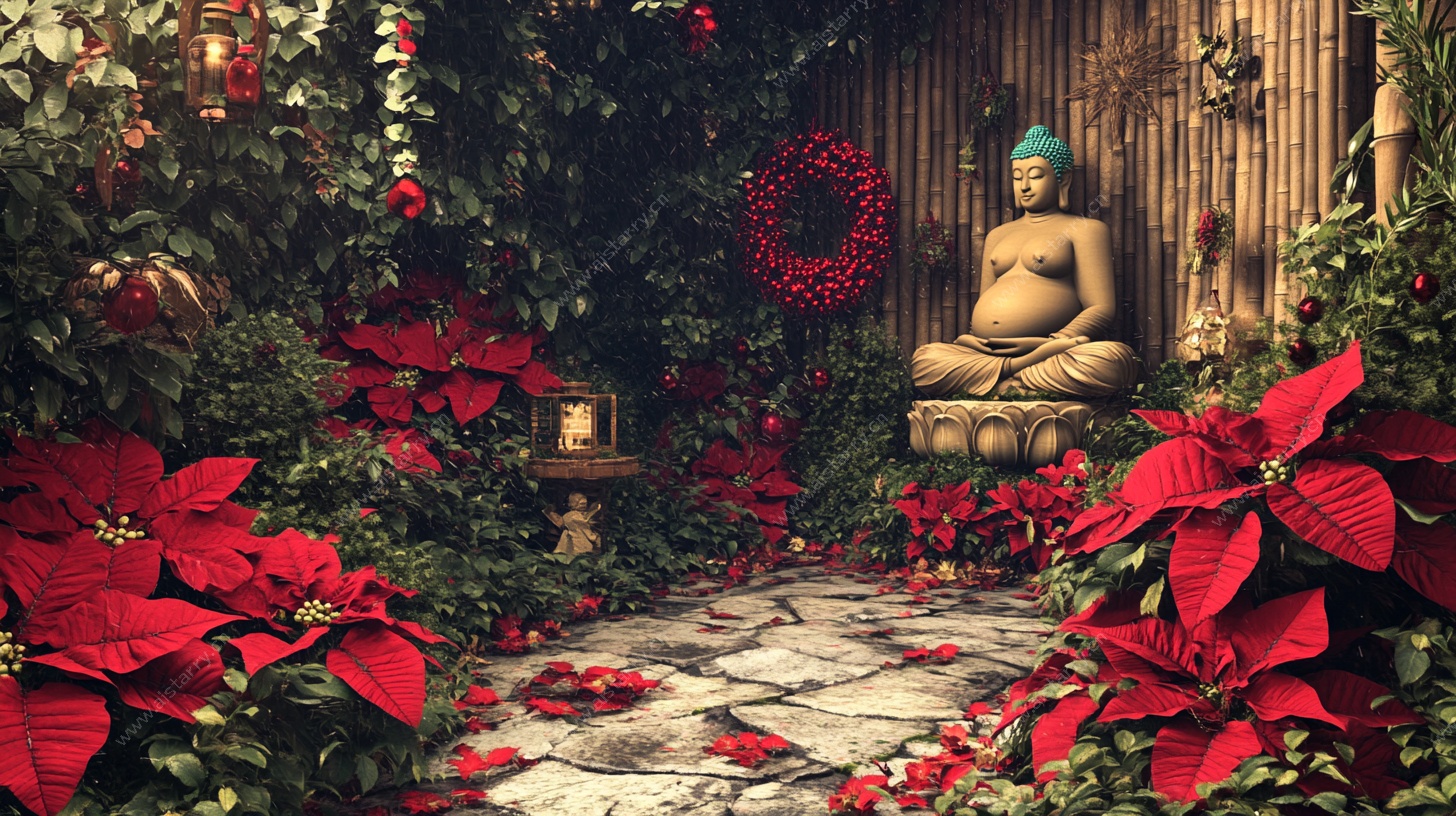 禅意花园中的佛像景致