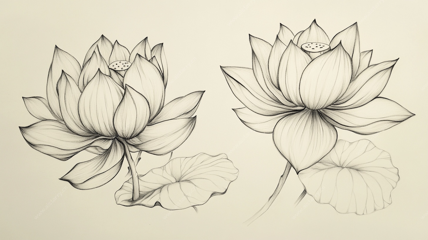 两朵莲花线描艺术图