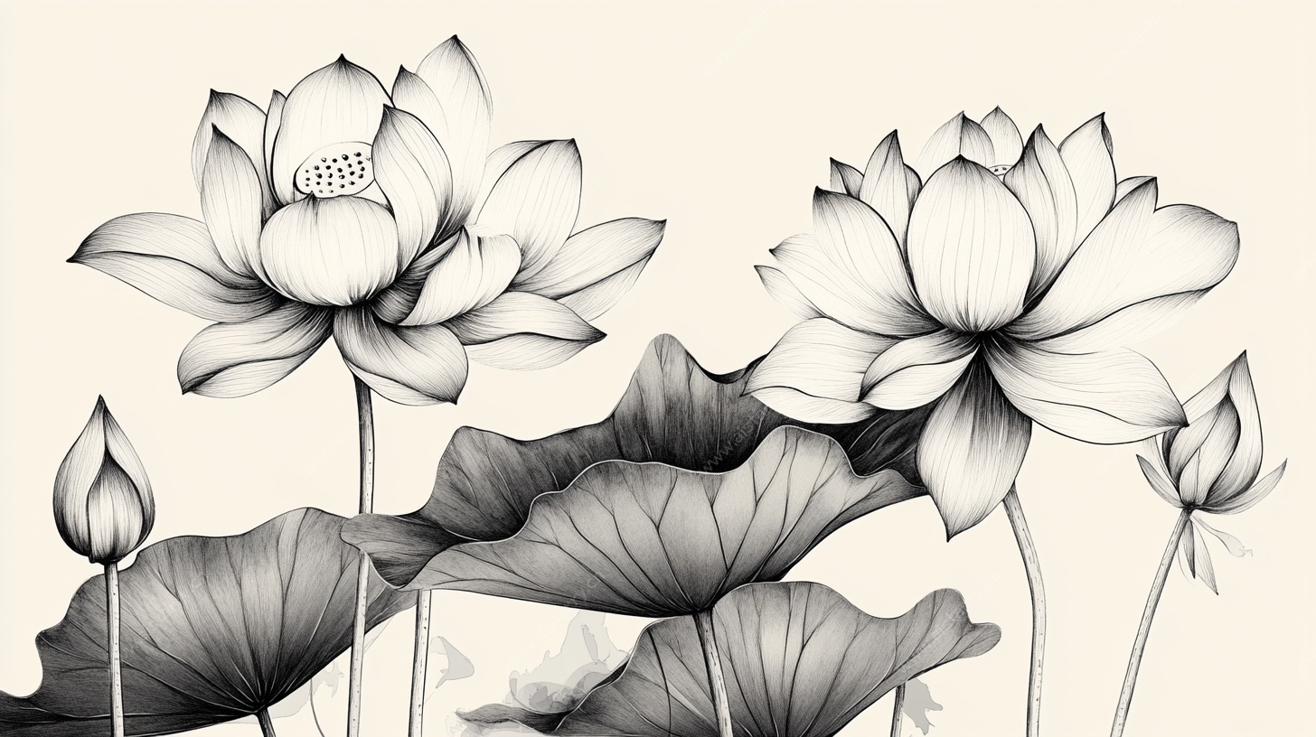 水墨荷花线描图