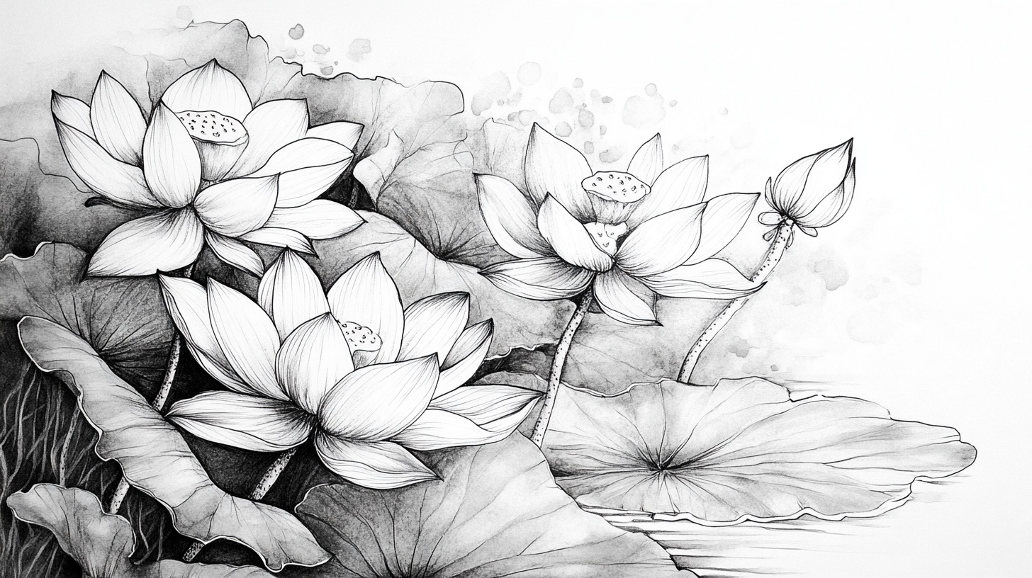黑白水墨荷花线描图