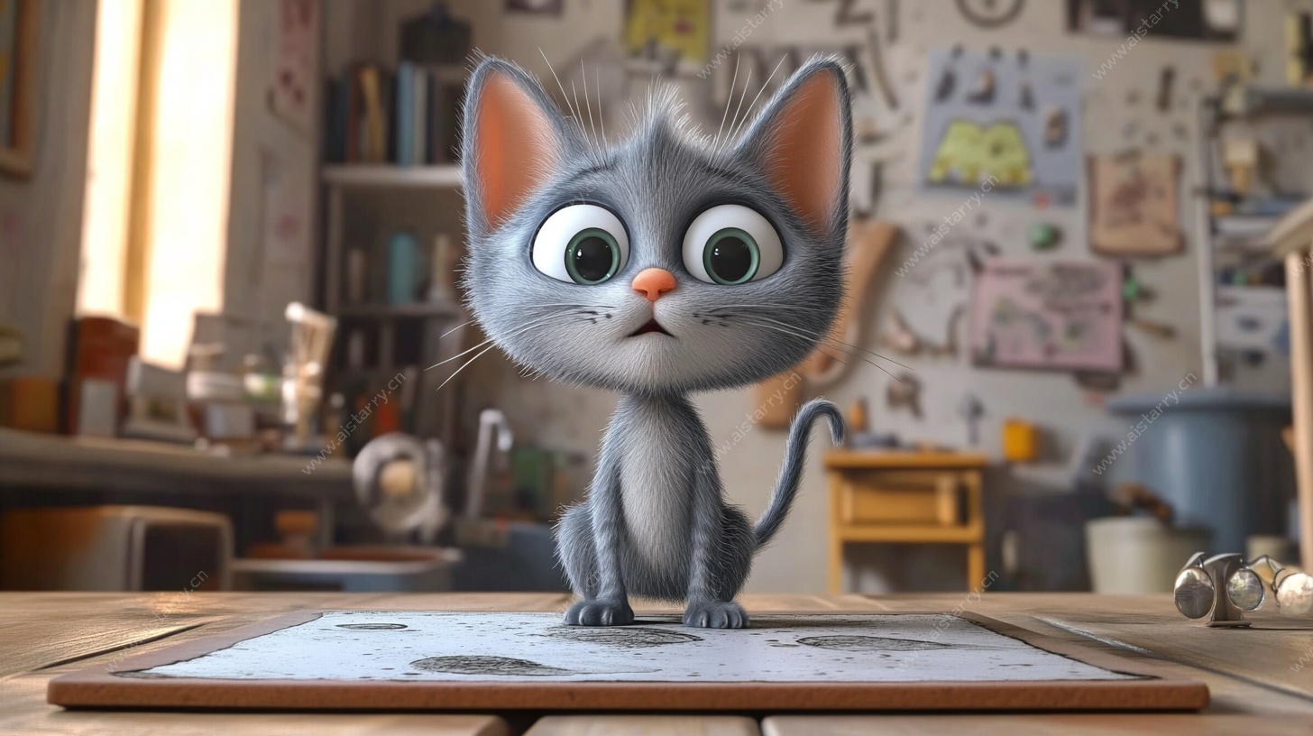 可爱灰猫在工作室的萌趣瞬间