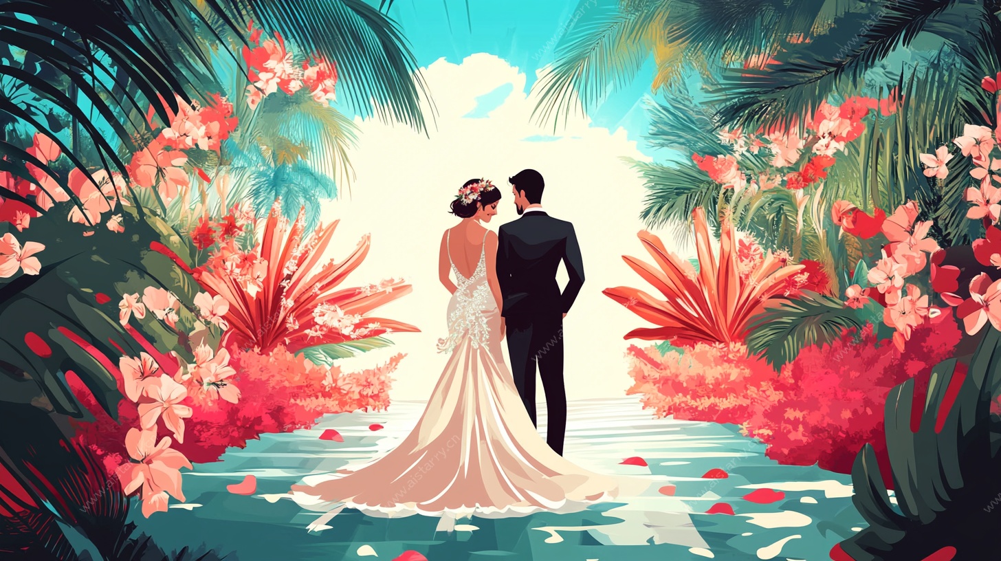浪漫热带婚礼场景插画