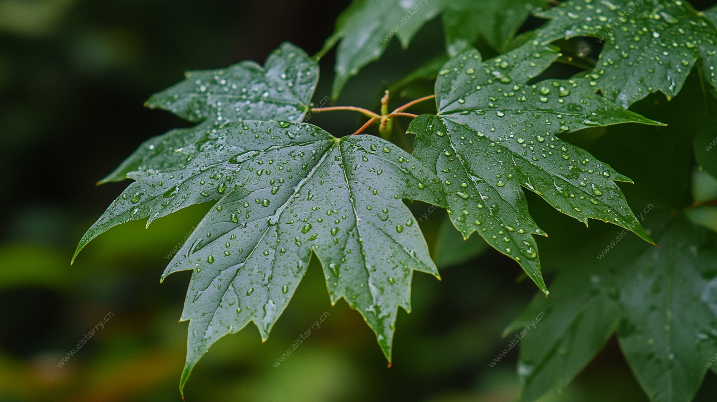 带雨的翠绿枫叶特写