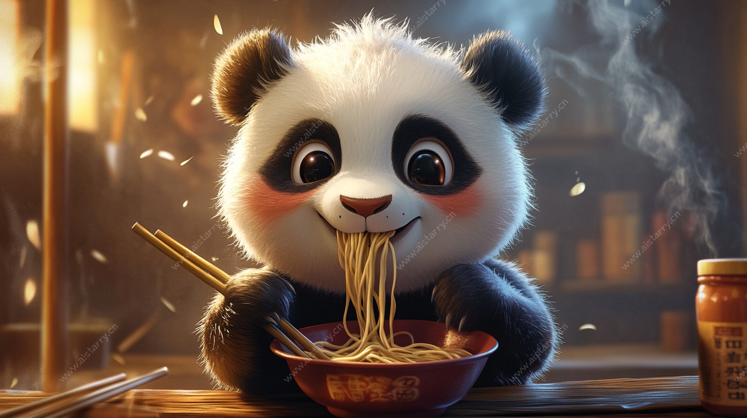 萌熊猫惬意享美味面条