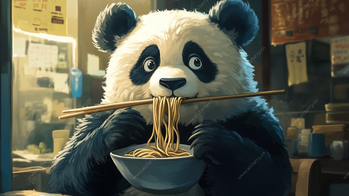熊猫惬意享美味面条