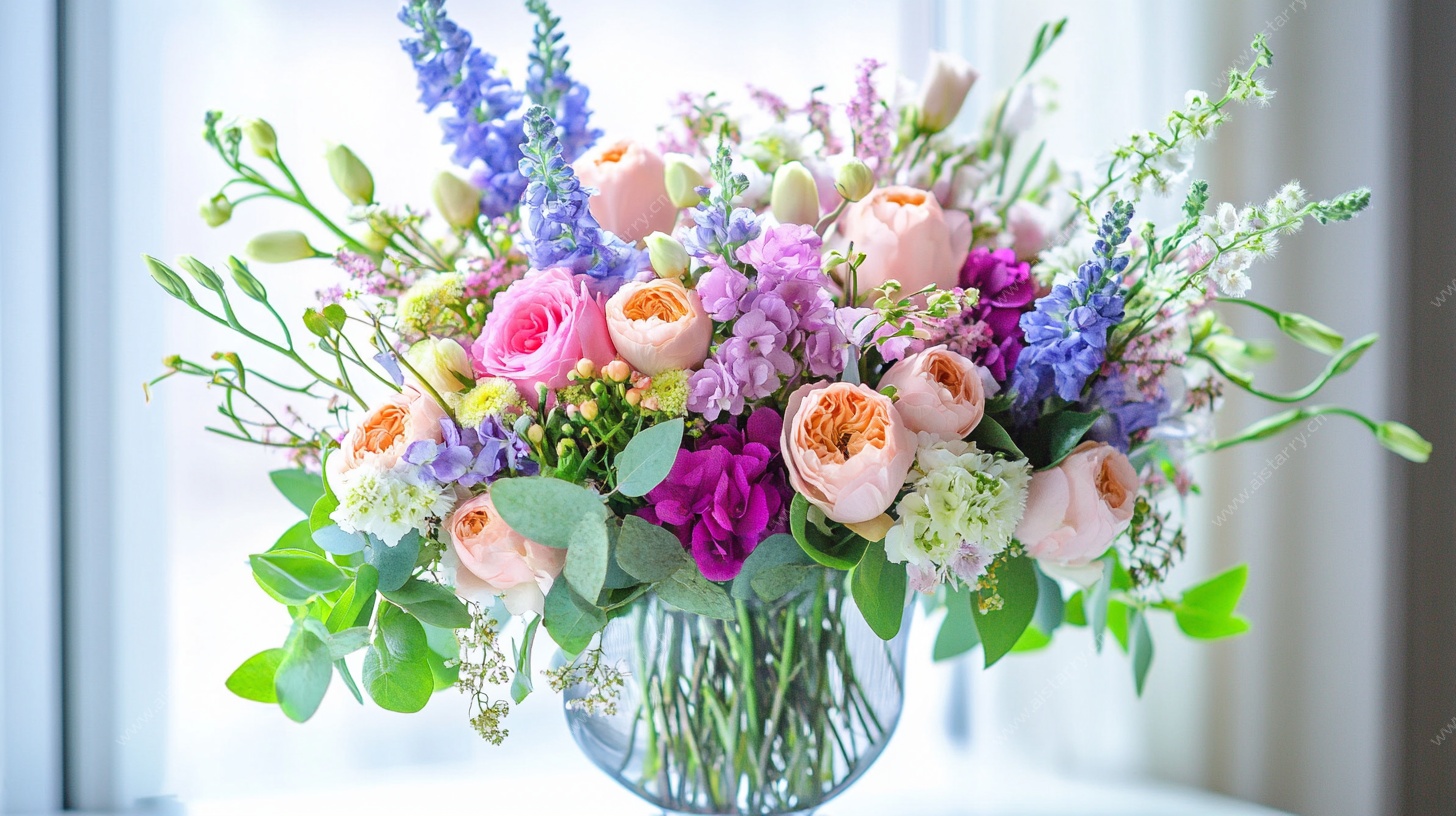 多彩花束装点清新花瓶