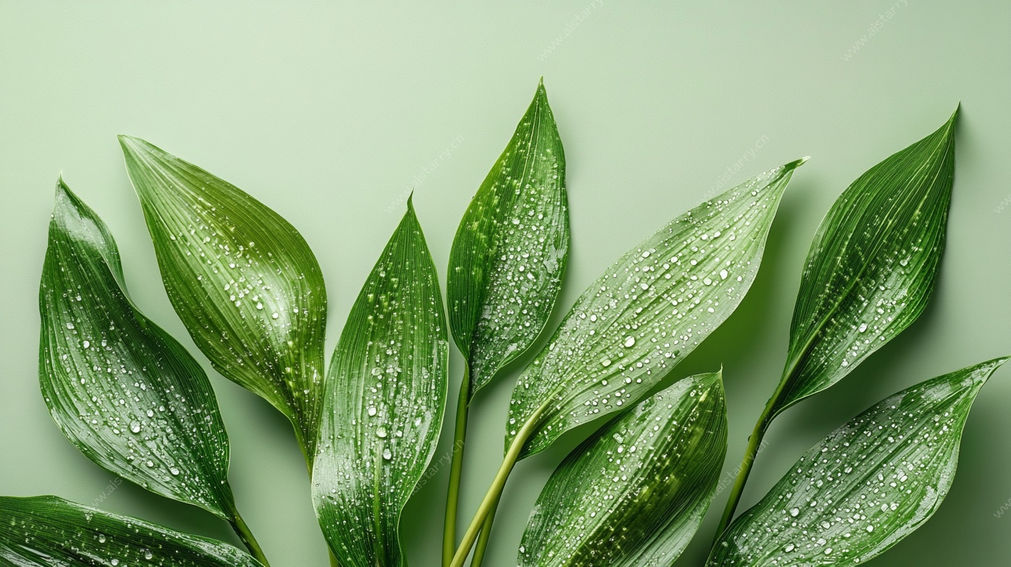 带水珠的翠绿叶片特写