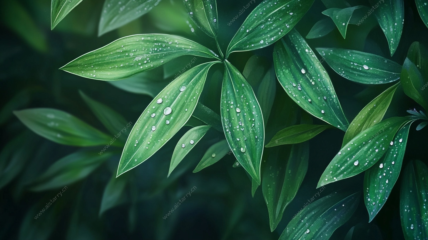 带露珠的翠绿叶片特写