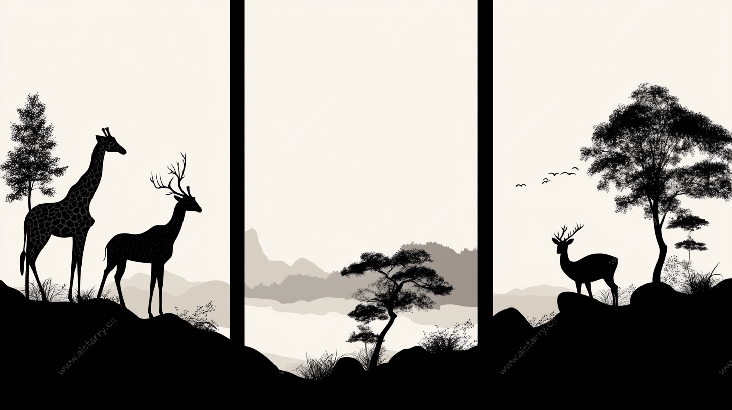 动物山林剪影三联画