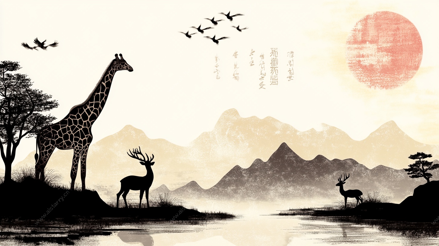 长颈鹿与鹿的中式山水图景