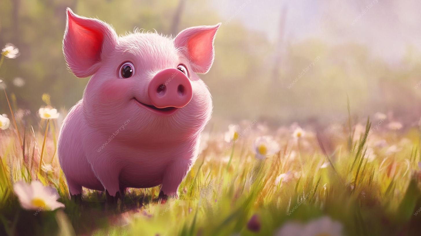 可爱小猪漫步春日草地