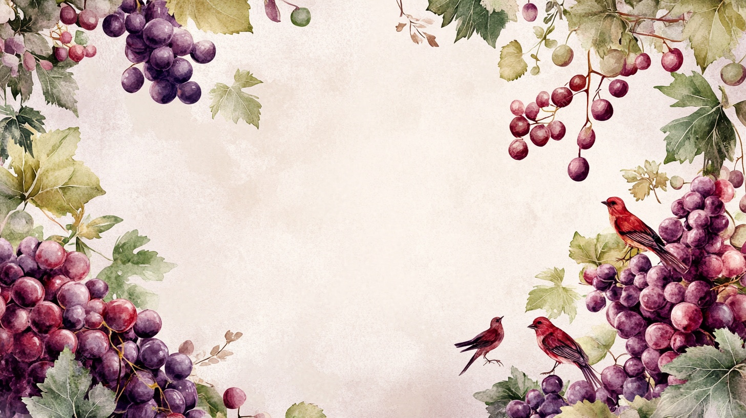 葡萄藤蔓间的灵动花鸟图