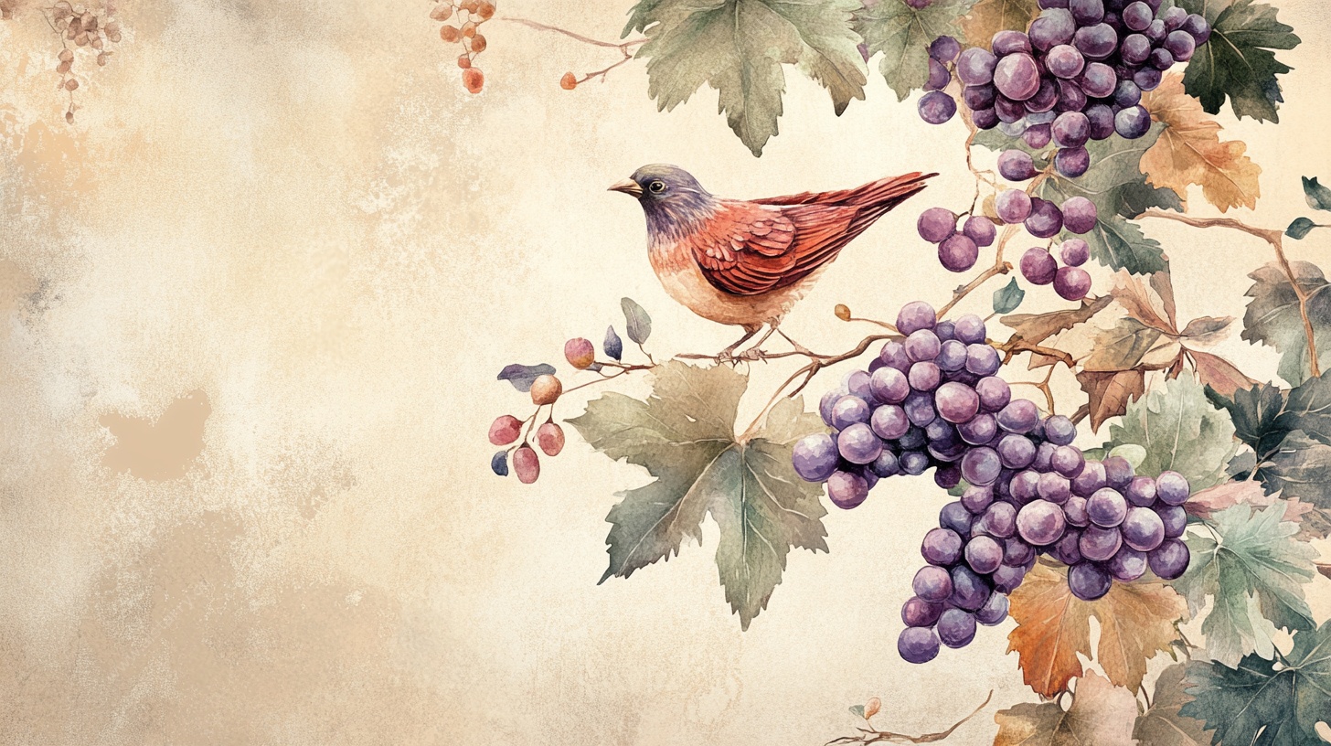 水彩葡萄旁的栖息小鸟