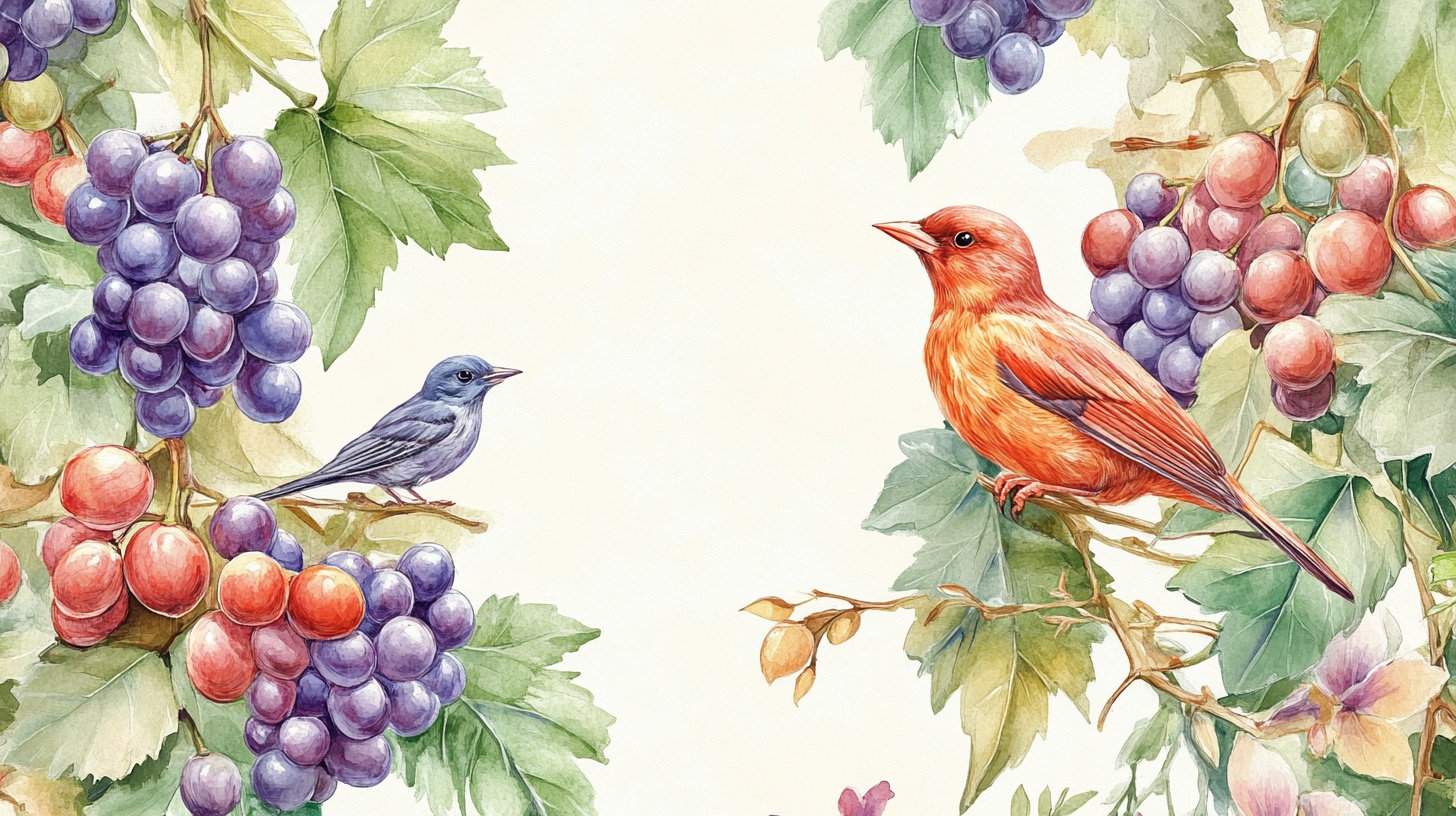 葡萄藤上双鸟水彩画