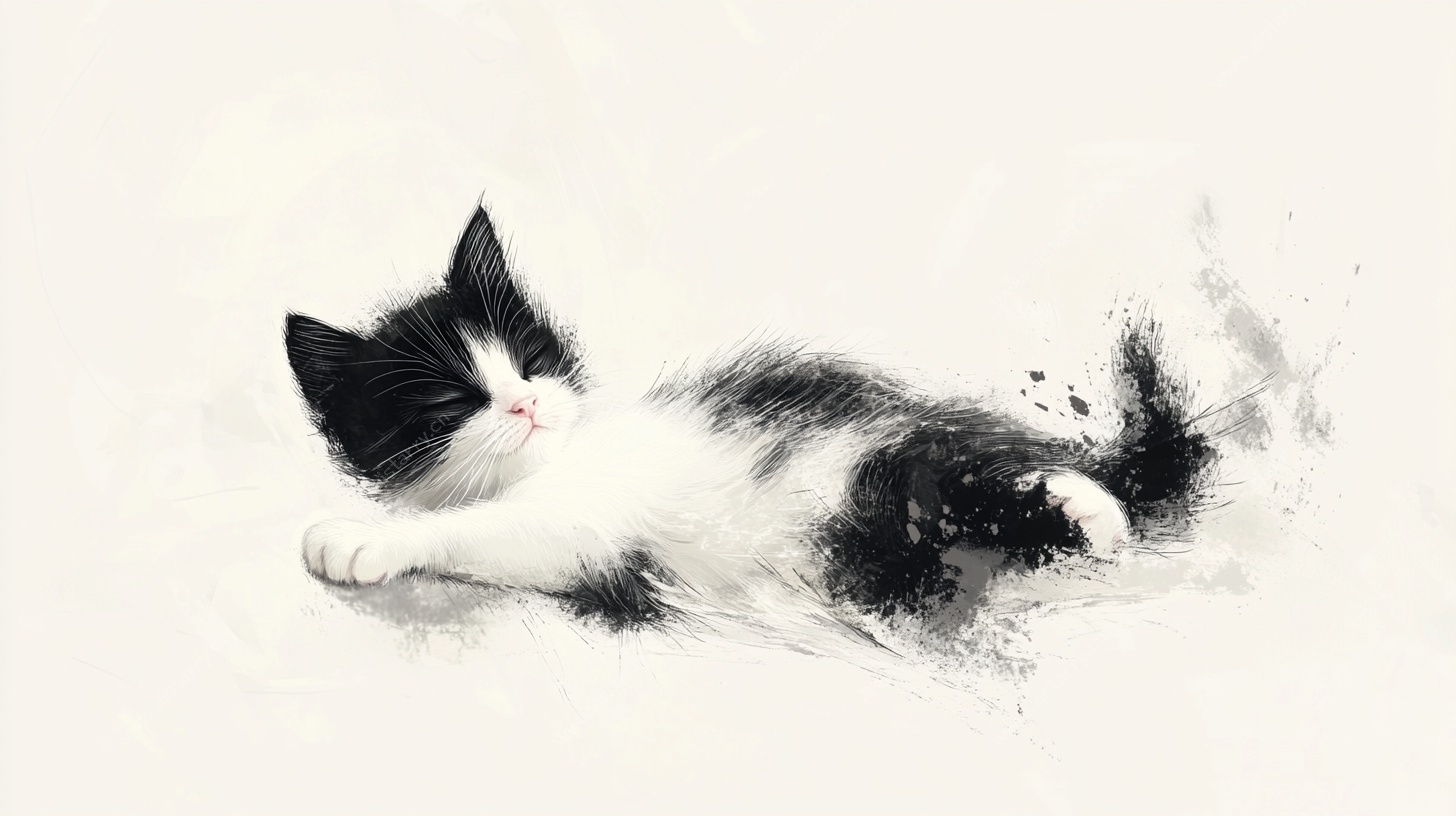 水墨风格躺卧黑白猫咪图