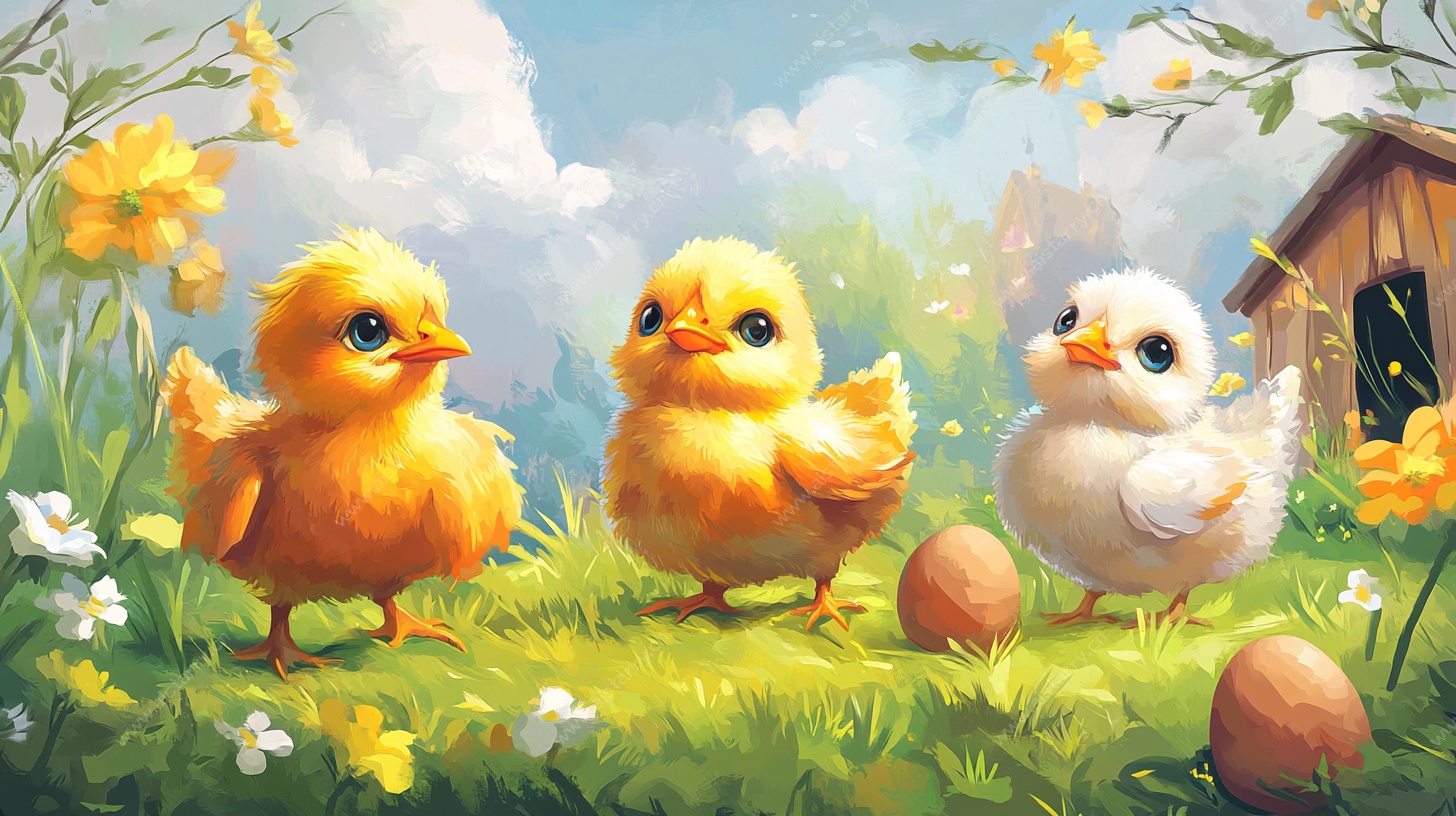 三只萌鸡的春日田园图