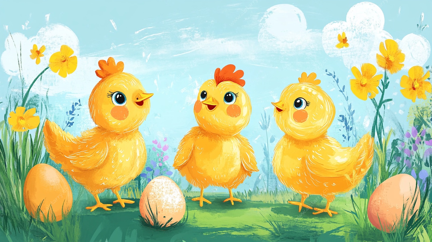 三只小鸡的春日田园图