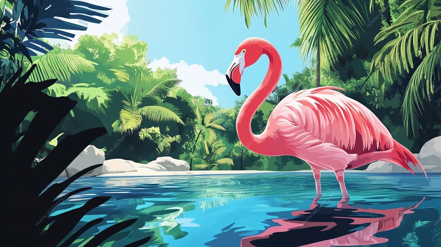 火烈鸟于热带水域悠然伫立