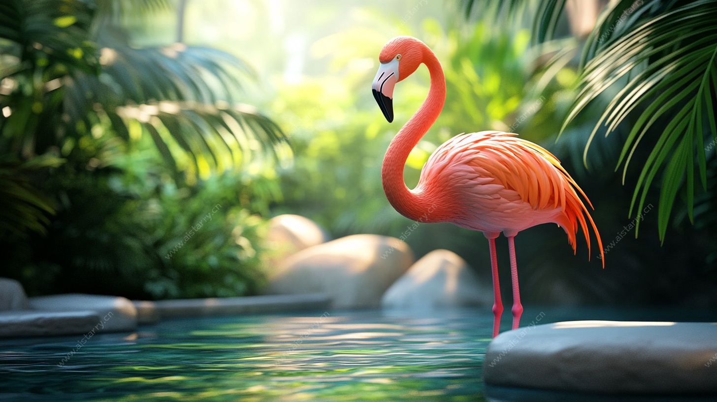 火烈鸟于池边的自然景致