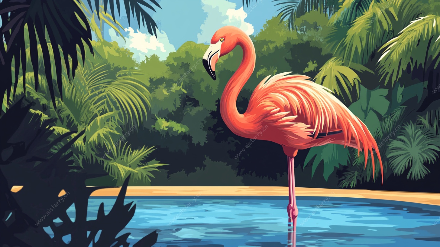 火烈鸟于热带池畔的悠然一刻