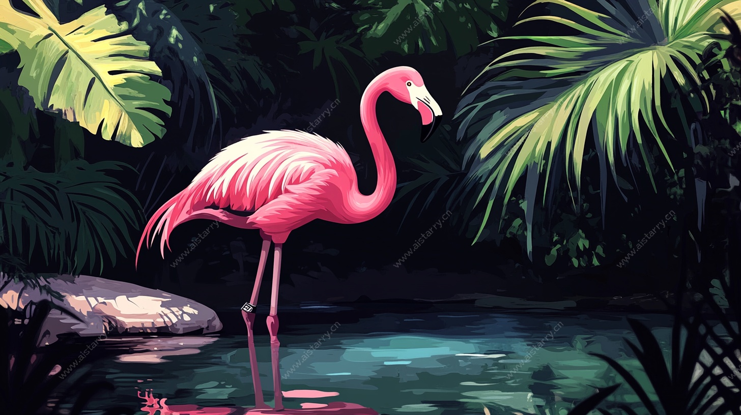 粉色火烈鸟的丛林水畔时光
