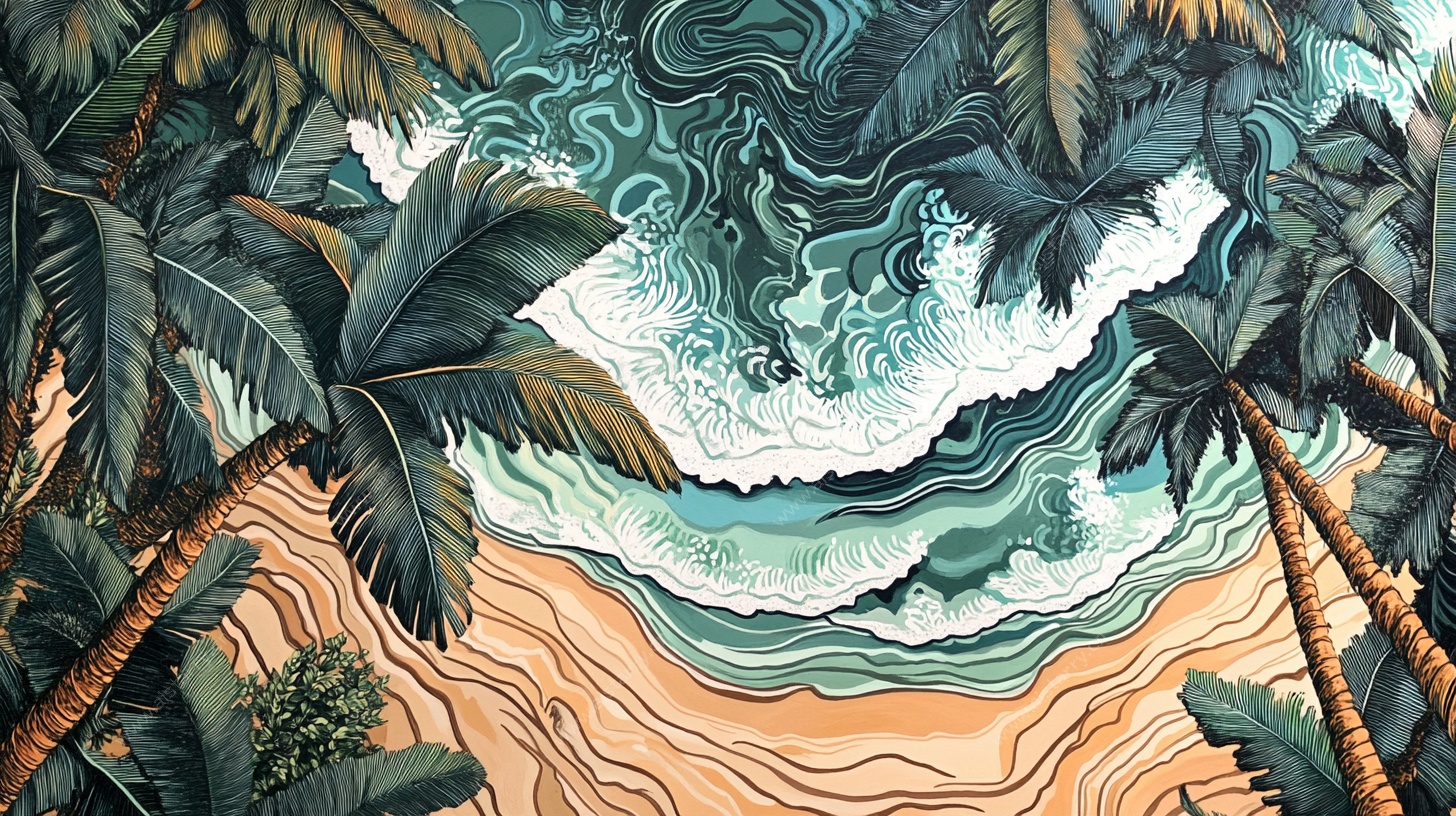 热带海滩波浪棕榈树景象