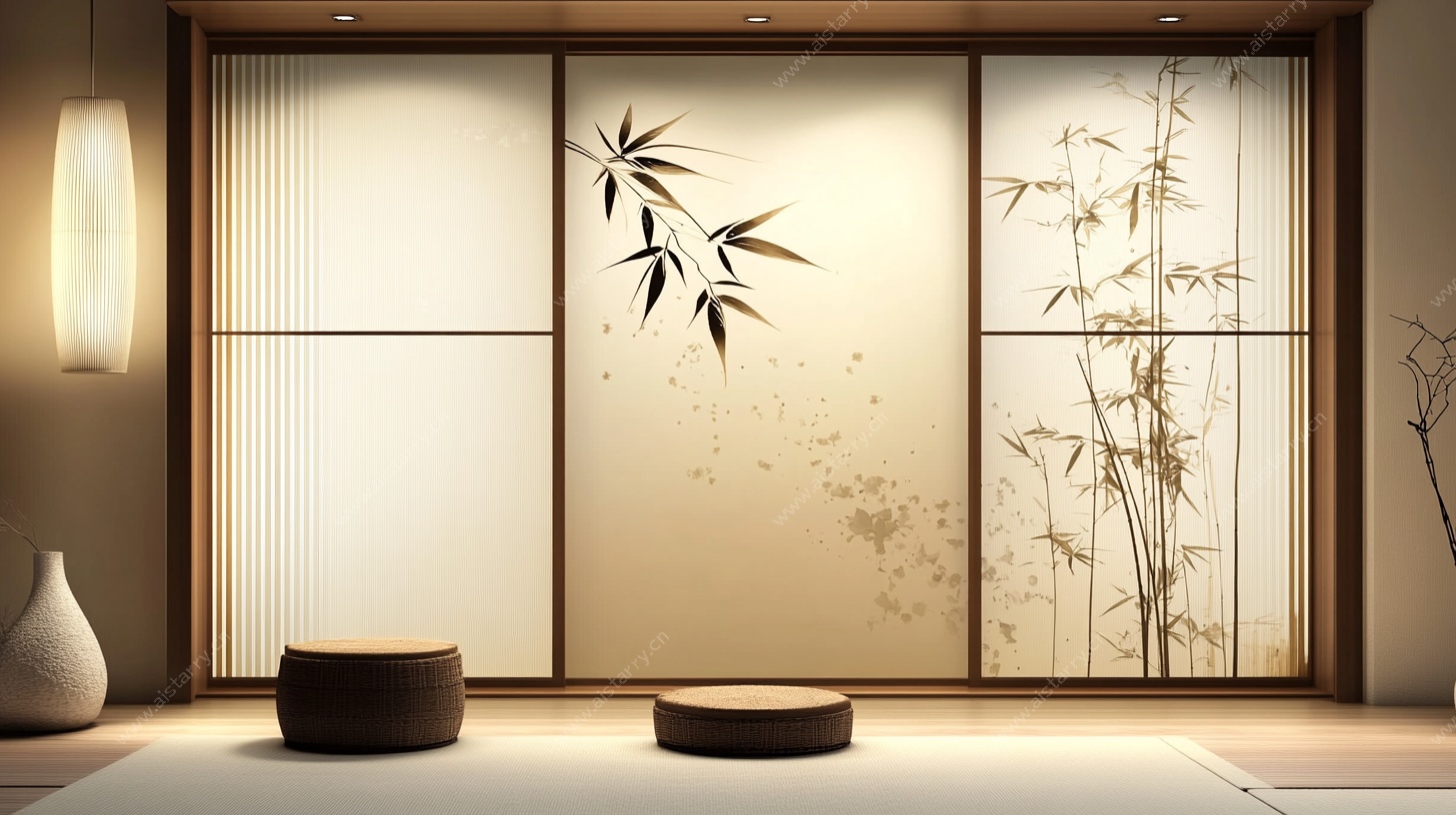日式禅意竹纹屏风茶室