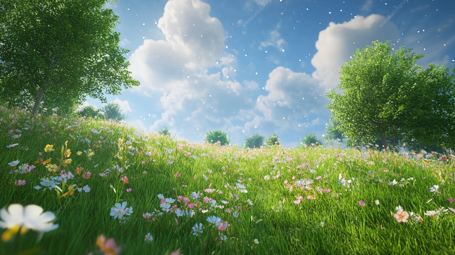 梦幻花海草地天空美景