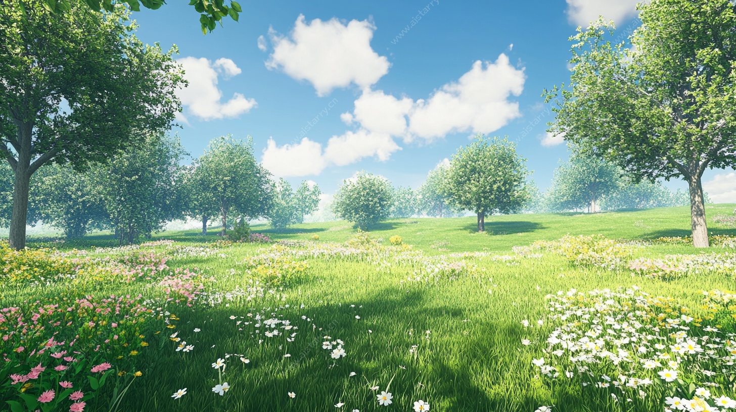 春日绿野繁花风景图