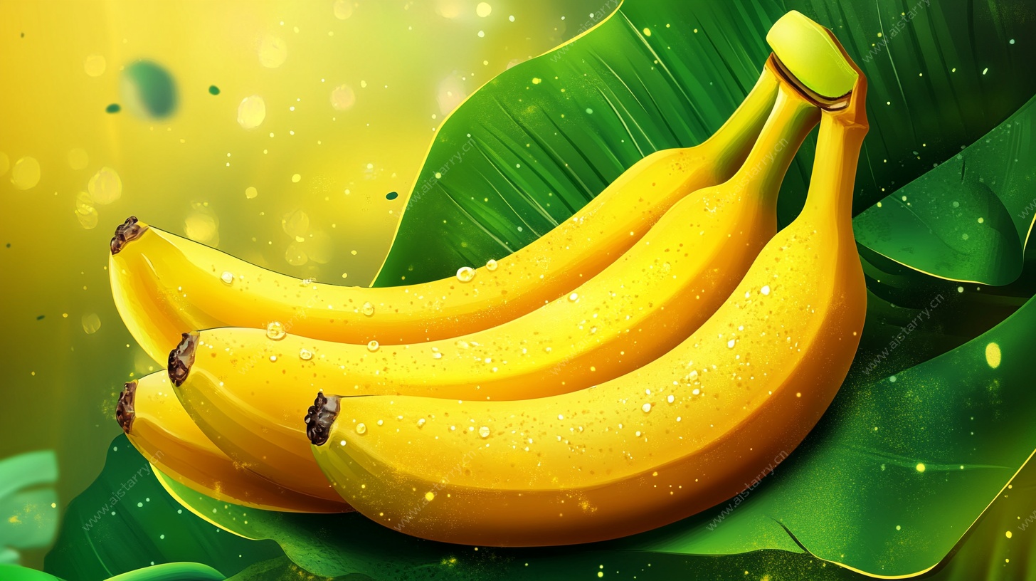新鲜香蕉置于翠绿叶片上