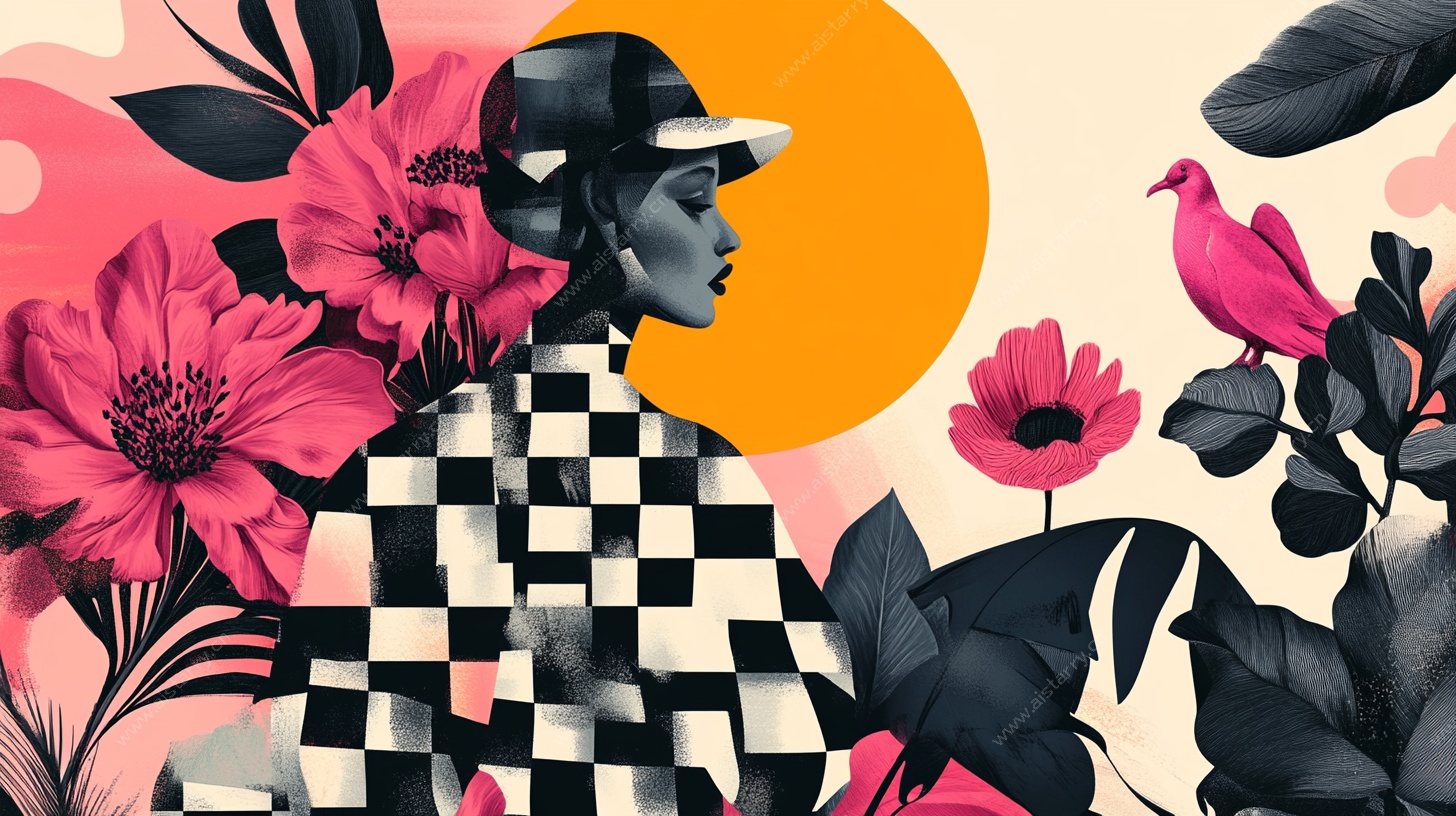 复古风格花卉人物插画