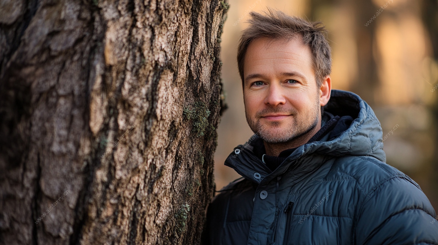 男子靠树微笑户外肖像