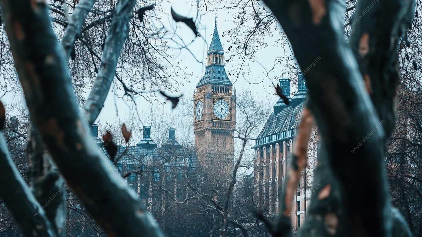 透过树枝看伦敦标志性钟楼