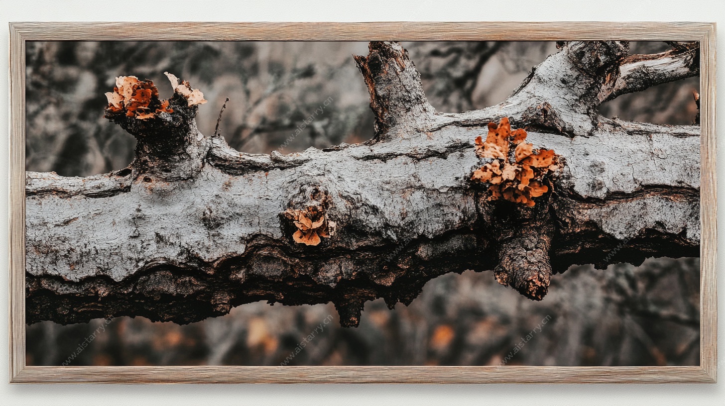 枯木上的橙色菌类景观