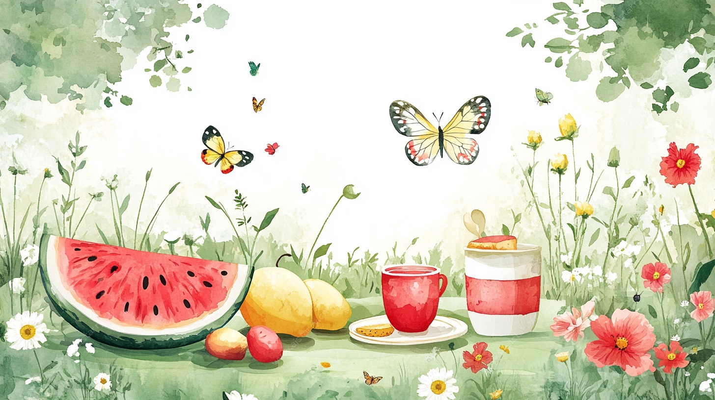 夏日草地野餐插画